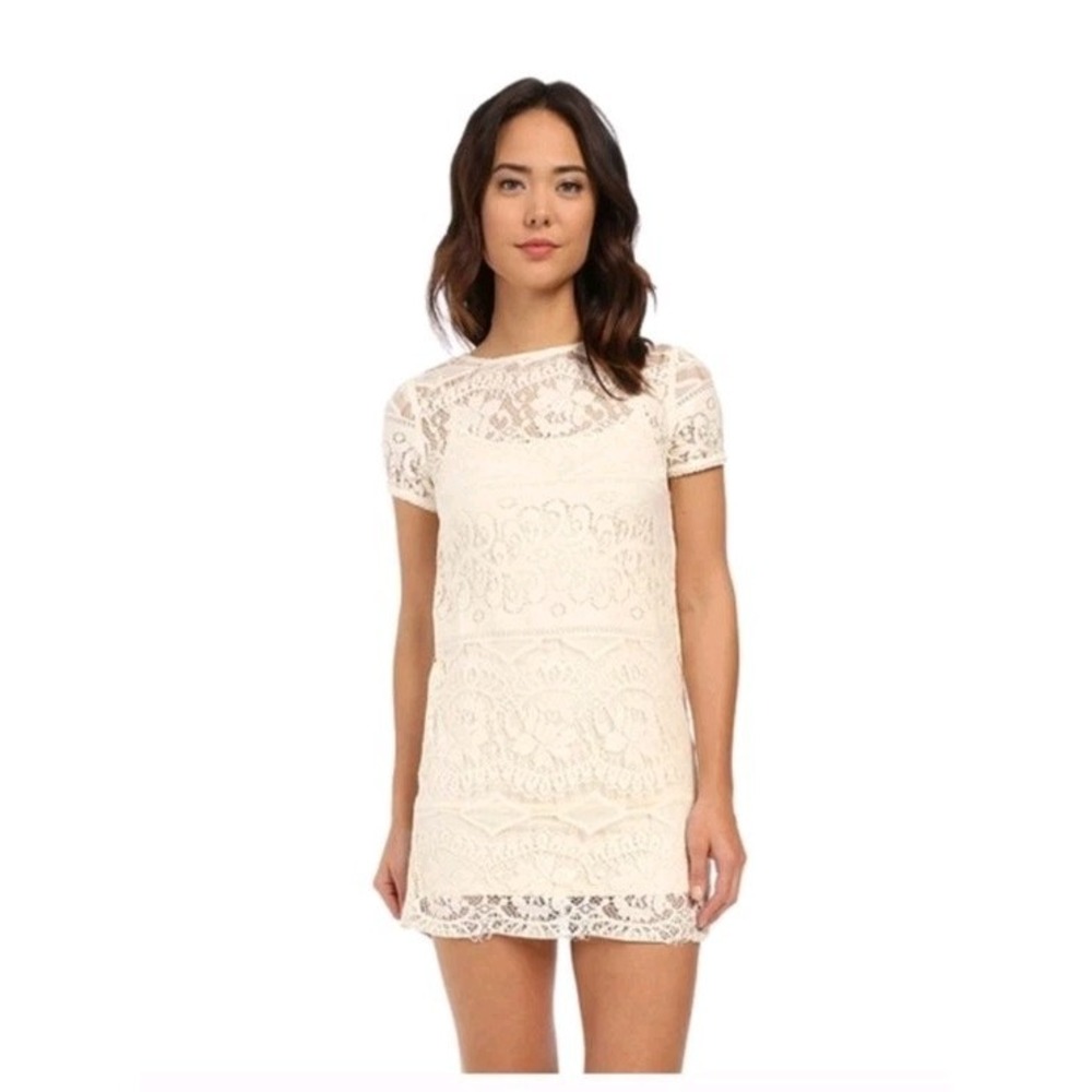CUTE BOHO Billabong Off-white Short Sleeve Crochet Lace Mini Dress Lined XSMALL